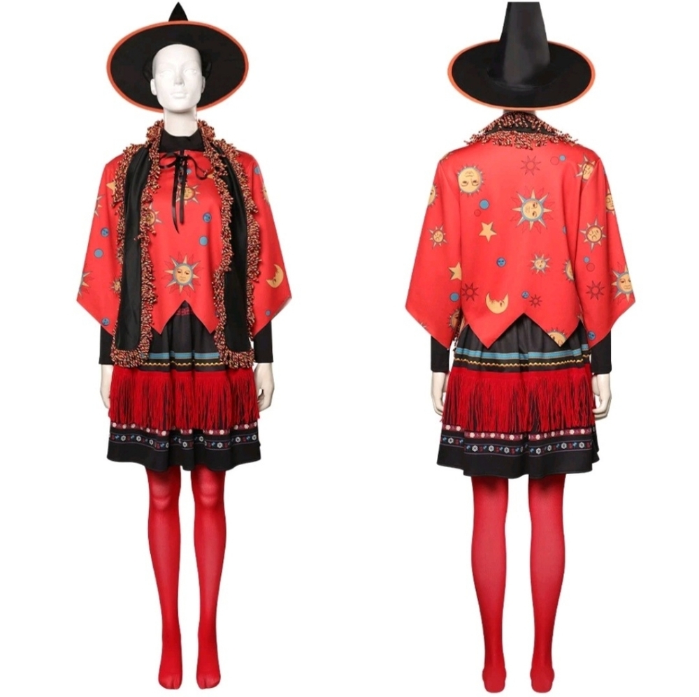 Dani Hocus Pocus Women’s Costume | Red Celestial Print Fringe Dress with Cape